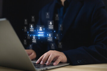 Customer service and customer relationship concept, Businessman use laptop and global structure customer technology, HR Management human technology effective. employment