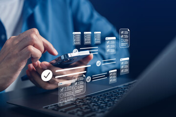 Online survey and digital checklist form, user interaction with form filling and ticking boxes,...