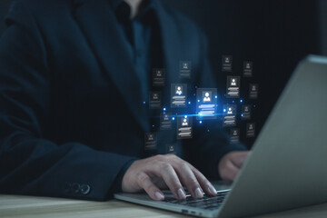 Customer service and customer relationship concept, Businessman use laptop and global structure customer technology, HR Management human technology effective. employment