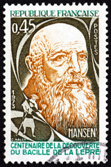 Postage stamp France 1973 Dr. Armauer G. Hansen (1841-1912), was a Norwegian physician, known for...