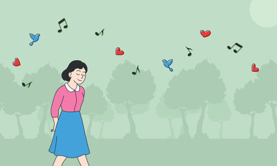 Dreamy woman walking in the park, enjoying the melody of nature and inner peace. Perfect for themes of mindfulness, harmony, dreaming, or mental health awareness.