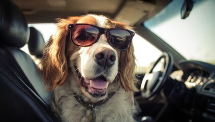 Summer Drive Companion An Adorable Dog Wearing Cool Sunglasses Poses Happily in the Driver's Seat, Capturing the Spirit of Adventure and Leisure Travel on a Sunny Day