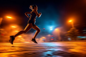 Naklejka premium Night Run Woman Running Fast Through City Street Lights for Exercise and Healthy Lifestyle