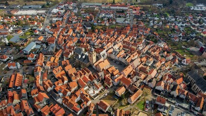 Aerial view of the downtown of the city Alsfeld, 36304 in Germany on a sunny afternoon in autumn