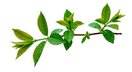 Fresh green leaves with water drops on a thin, brown branch.