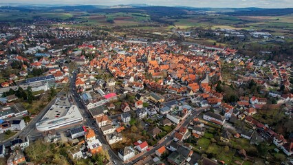 Aerial view of the downtown of the city Alsfeld, 36304 in Germany on a sunny afternoon in autumn