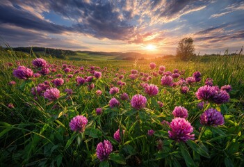 Fototapeta premium Idyllic Meadow Blooming Clover Field at Sunset with Vibrant Colors and Scenic Sky