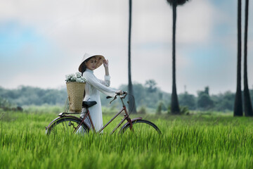Beautiful Vietnamese Asian woman wearing White color Ao Dai National Costume Dress with red bicycle in rice fields. Portrait fashion show in nature.
