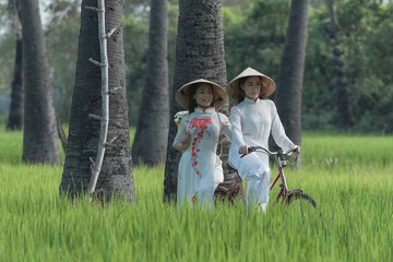 Beautiful Vietnamese Asian woman wearing White color Ao Dai National Costume Dress with red bicycle in rice fields. Portrait fashion show in nature.