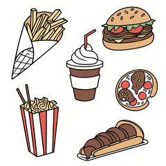 Fast food items isolated on white background