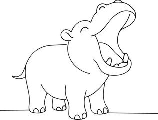Happy cartoon hippopotamus line drawing with big open mouth and sleepy eyes