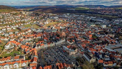 Aerial view of the downtown of the city Bad Hersfeld, in Germany on a sunny noon in autumn
