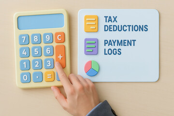 Calculator, tax Deductions, payment logs, finance accounting business, calculation office budget money financial concept person button digit number with pie chart data
