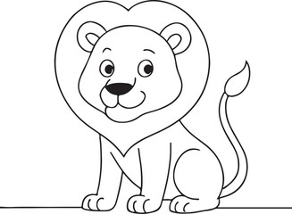 Cartoon lion illustration line drawing with fluffy mane on white background
