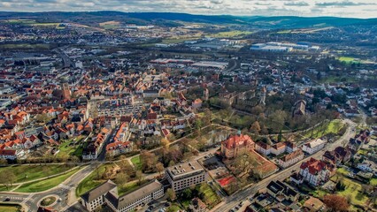 Aerial view of the downtown of the city Bad Hersfeld, in Germany on a sunny noon in autumn
