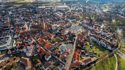 Aerial view of the downtown of the city Bad Hersfeld, in Germany on a sunny noon in autumn