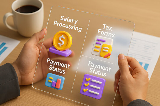 Salary processing, tax forms, payment status, financial management, business concept digital interface hands holding transparent screen coffee cup office desk paperwork