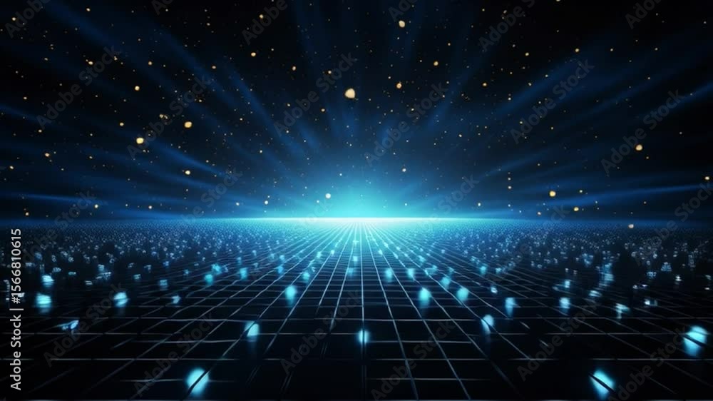 Aufkleber Infinite Cyber Space: Dotted cubes pattern in a digital grid extending into infinity with a glowing light at the horizon, creating a sense of depth and exploration.