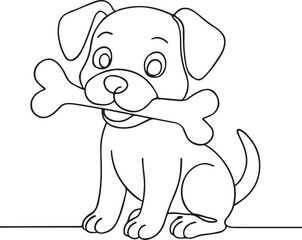 Dog holding bone in mouth outlined cartoon style vector art on white background
