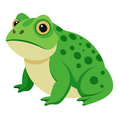 Cartoon green frog sitting. Cute toad. Suitable for children's books,fairy tale, sticker, mascot, logo.Isolated vector illustration on white background.  Side view.