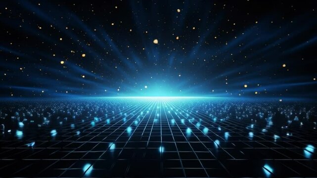Infinite Cyber Space: Dotted cubes pattern in a digital grid extending into infinity with a glowing light at the horizon, creating a sense of depth and exploration.