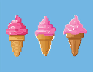 Pixel Art Ice Cream Cone Set Retro Summer Dessert. A charming set of 8-bit style pixel art ice cream cone icons.