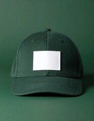 Solid green baseball cap with a blank white rectangle on the front