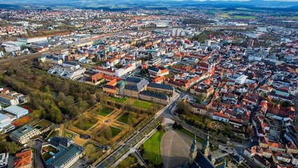 Aerial view of the downtown of the city Fulda in Germany on a sunny noon in autumn