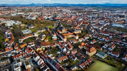 Aerial view of the downtown of the city Fulda in Germany on a sunny noon in autumn