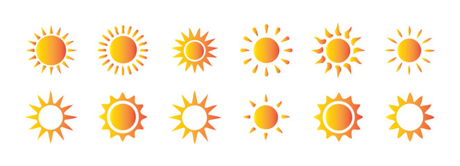 Gradient Sun Icon Collection. Bright Summer and Solar Symbol Set. Victor illustration eps 10
