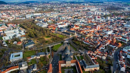 Aerial view of the downtown of the city Fulda in Germany on a sunny noon in autumn