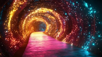 Colorful illuminated tunnel with swirling lights and vibrant colors, creating a magical atmosphere - Powered by Adobe