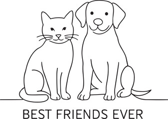 Best friends cat and dog line sketch together in cute cartoon style on white