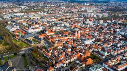 Aerial view of the downtown of the city Fulda in Germany on a sunny noon in autumn