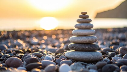 Stacked pebbles with sun, ocean background, sunset serenity