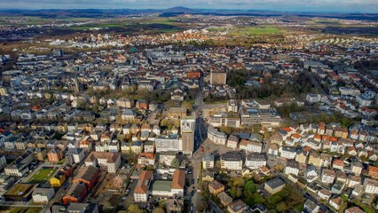 Aerial view of the downtown of the city Giessen in Germany on a sunny noon in autumn