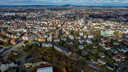 Aerial view of the downtown of the city Giessen in Germany on a sunny noon in autumn