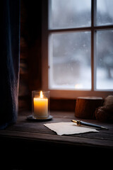 Cozy evening reflection with journal, pen, and candlelight by the window