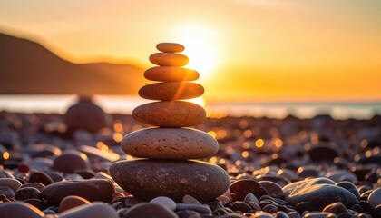 Stone stack on beach at sunset, sunburst effect, nature's balance