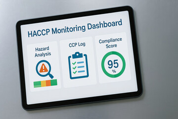 HACCP monitoring dashboard on digital tablet showing hazard analysis, CCP log, and compliance score with 95 percent, used for food safety management and quality control
