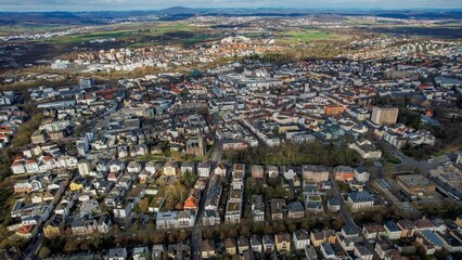Aerial view of the downtown of the city Giessen in Germany on a sunny noon in autumn