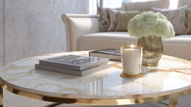 Cream-colored living room, coffee table with books, candle