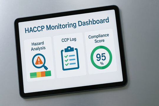 HACCP monitoring dashboard on digital tablet showing hazard analysis, CCP log, and compliance score with 95 percent, used for food safety management and quality control - Powered by Adobe