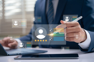 Recruitment and hiring process using resume scoring and profile evaluation tools to rate candidate skills, approve top profiles, and support HR job selection with accurate review and decision making