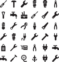 Obraz premium Collection of black silhouette icons representing tools and household items screwdriver