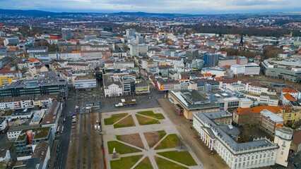 Aerial view of the downtown of the city Kassel in Germany on a cloudy afternoon in autumn