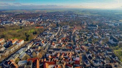 Aerial view of the downtown of the city Bad Nauheim, 61231 in Germany on a sunny noon in autumn
