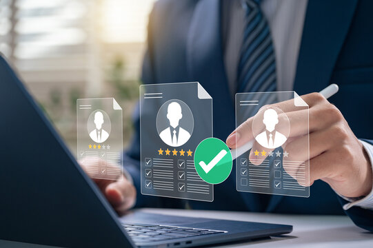 HR professional reviewing candidate resumes with rating and checklist system for recruitment, evaluating job profiles, and approving top talent for successful hiring decisions and workforce management