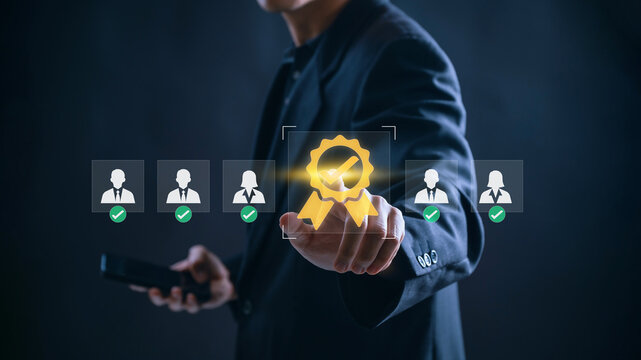 HR approving quality candidate profiles through digital selection system to top talent and certify qualifications for hiring success, employee recognition, and workforce leadership development