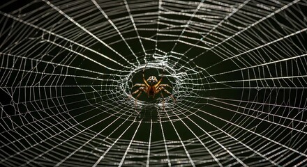 A spider sits patiently in the center of its meticulously crafted, intricate web.